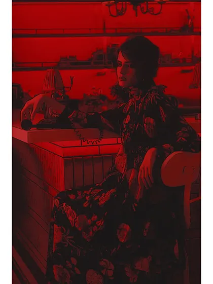 The scene is drenched in a dramatic red, a signature of the cinematic inspiration. The styling of the floral dress against the stark red background creates a powerful visual contrast.