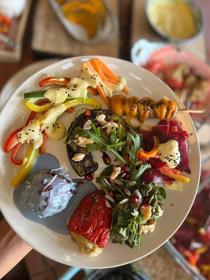 A plate celebrating the colors of Holi and the colors of health. This beautiful platter features a variety of plant-based dishes, including stuffed peppers, fresh salads, and vegetable skewers, showcasing the artistry of healthy eating.