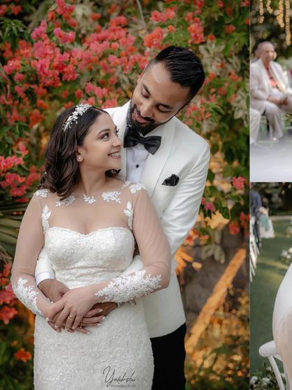 A collage from a stunning, minimal wedding. The close-up of the couple against a backdrop of bougainvillea flowers is filled with warmth and romance.
