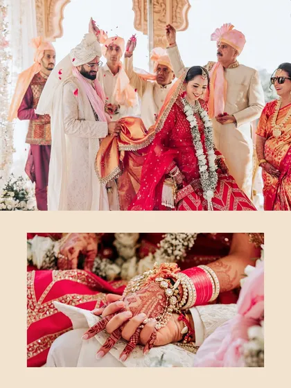 A collage capturing the sacred rituals of the wedding, including the tying of the knot and the holding of hands.