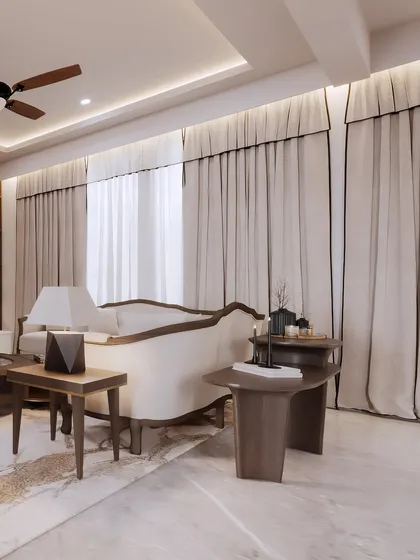 A perspective showing the back of the sofa and the arrangement of side tables. This render highlights the careful staging of decor and the texture of the heavy drapery.