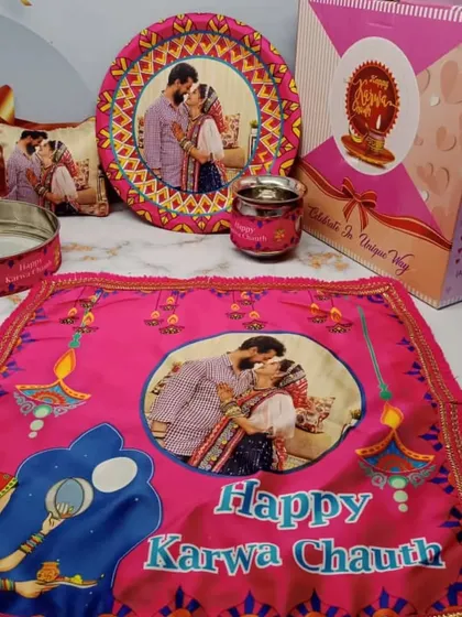 Celebrate Karwa Chauth with a fully personalized thali set. I can print your cherished couple photo on the thali, cover, lota, chalni, and even a small cushion to make the occasion truly memorable.