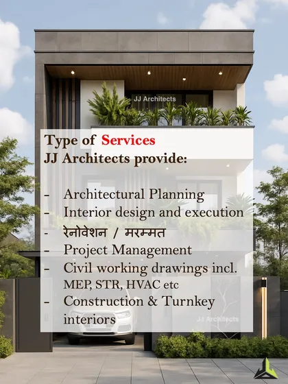 This graphic lists the comprehensive range of services we provide at JJ Architects. From architectural planning and turnkey construction to project management and renovations, we are a full-service design and build firm.