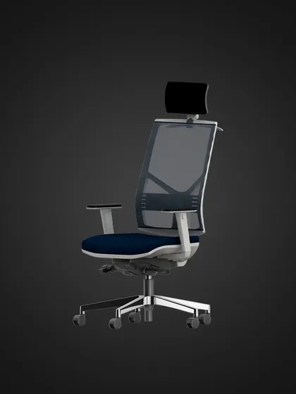 This executive armchair features a modern two-tone design with a white frame and blue seat. The breathable mesh back and adjustable headrest are crafted for leaders who value both contemporary style and functional comfort.