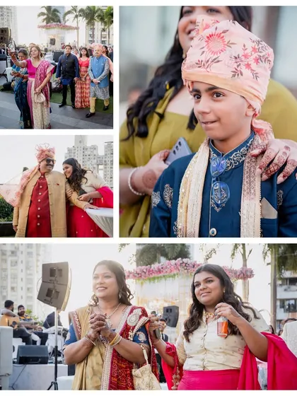 A collage of candid moments from the anniversary celebration, showing guests arriving and family members enjoying the event.