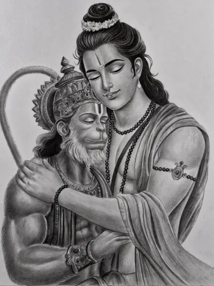 This pencil sketch captures the pure devotion in the embrace between Lord Ram and his greatest devotee, Hanuman. The entire piece is rendered in black and white, using shading to convey the deep emotion and serenity of the moment.