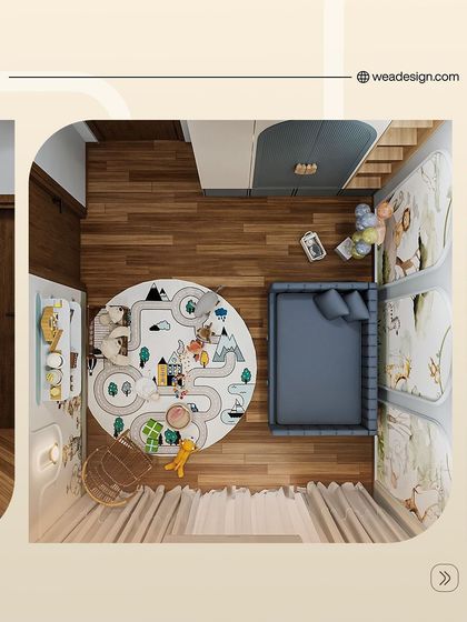 An overhead view of a compact kids' room, showing how we use smart layouts to fit a bed, play area, and storage into a small space.