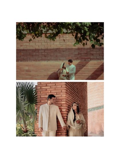 A diptych showing the couple from different perspectives against a brick wall, capturing their connection from both a wide and a close angle.