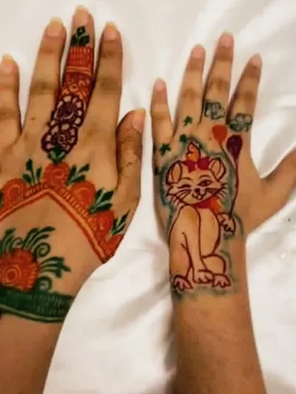 Henna can be fun and colorful too! I offer safe, colored henna options, perfect for kids' parties or for anyone wanting a temporary, vibrant design. Here, I created a cute cartoon cat with colorful balloons.