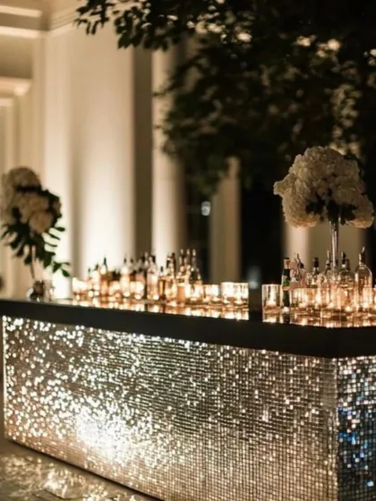 For a touch of pure glamour, our sequin-panel bars are a perfect choice. This setup catches the light beautifully, creating a sophisticated and high-end focal point for cocktail parties and elegant receptions.