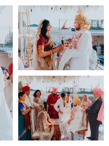 A collage showcasing different angles of the wedding ceremony, from the couple's interactions to the blessings from family elders.