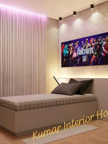 A cool and modern gaming room with a Fortnite theme. The design features a fluted wall panel with purple backlighting and a comfortable bed.