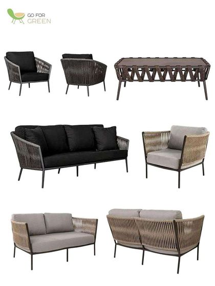 This collection highlights the versatility of modern rope furniture. It includes three-seater and two-seater sofas, armchairs, and benches, all sharing a cohesive design language of sleek frames and expertly woven rope details.