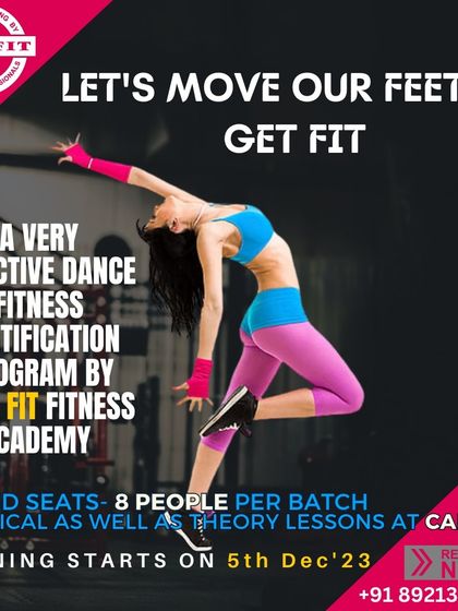 "Let's move our feet to get fit." This poster announces our Dance Fitness Certification program in Calicut, which includes both practical and theory lessons in small batches for personalized attention.
