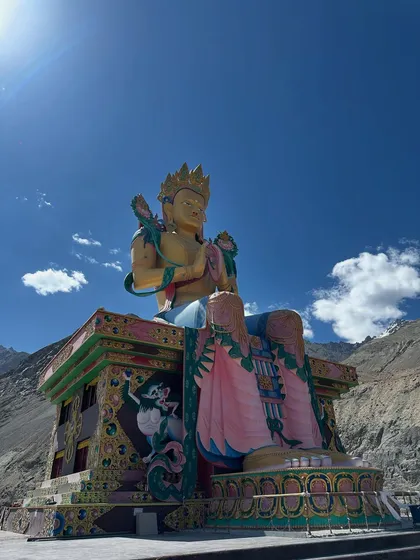 The magnificent Maitreya Buddha statue at Diskit Monastery in Nubra Valley. Visiting these sacred sites is an integral part of our retreats, offering moments for quiet reflection and learning.