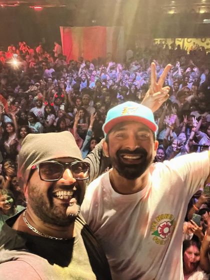 A selfie with Rannvijay Singha during the 2024 Holi party at Sunburn Union. It's always great to have special guests join the celebration and hype up the crowd.