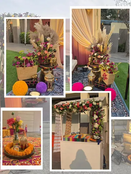 A collage showcasing the beautiful boho-chic floral arrangements and decor elements from the Sangeet.