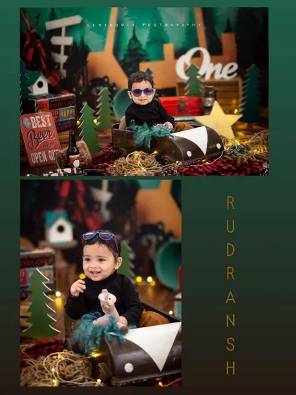 A collage showing the different looks and poses from our cool and rustic woodland camping theme.