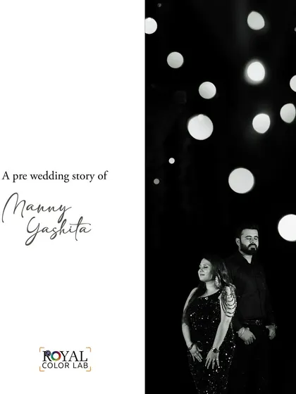 A stylish black and white portrait of a couple against a backdrop of bokeh lights, creating a glamorous and modern pre-wedding story.
