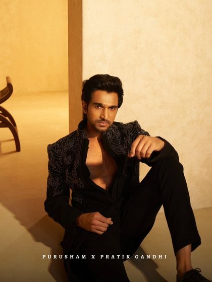 Seen making a statement, no words needed. Pratik Gandhi, tailored to lead and designed to inspire, in a custom black embroidered jacket.