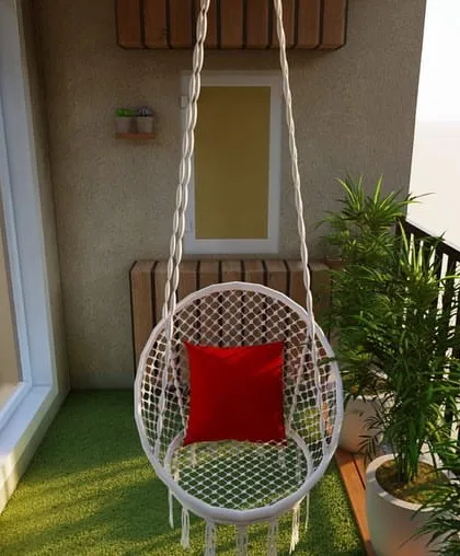 Another perspective of the balcony design. The simple white macrame swing with a bright red cushion becomes a cheerful focal point, inviting you to sit down and relax.