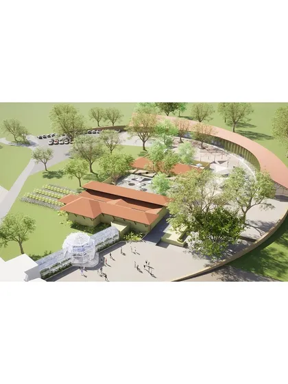 An aerial visualization of our adaptive reuse plan for an 18th-century palace precinct. The design introduces a new circular structure that organizes the space, connecting a restored glass house and stables with new public plazas and green areas.