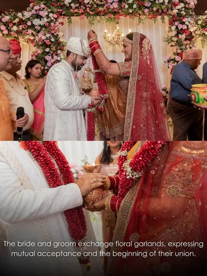 The bride and groom exchange floral garlands, a gesture of mutual acceptance. We create a beautiful floral backdrop to make this key wedding ritual picture-perfect.