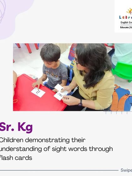 Flashcards are a simple yet powerful tool for reinforcing learning. Here, a Senior KG student is demonstrating her understanding of sight words with her teacher, getting personalized attention to ensure she masters these important words.