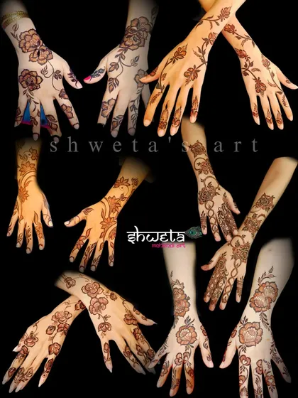 A collage of various Arabic and floral mehendi designs. These are perfect for festivals like Eid or for guests at a wedding who prefer a lighter, more modern style.