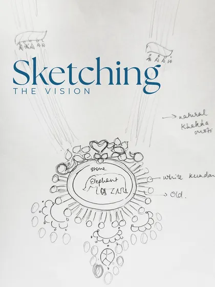 Sketching the vision is the first step. This drawing shows our initial idea for a grand pendant, with notes on which old pieces to use and where to add new elements like kundan and motis.