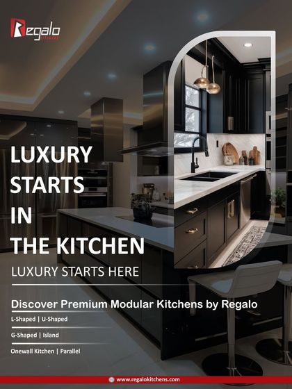 Luxury starts in the kitchen. This ad features a dramatic, dark-themed kitchen and lists the various layouts we offer, from L-shaped and U-shaped to island and parallel designs.