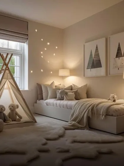 A concept for a calm and neutral kids' room, featuring a teepee play tent, soft textures, and minimalist art. This design creates a soothing environment for both play and sleep.