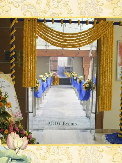 A beautiful marigold entrance gate for a Haldi ceremony, creating a traditional and auspicious welcome.