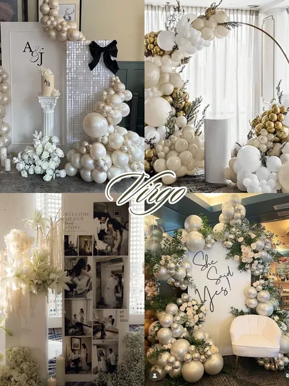 Zodiac decor aesthetics: Virgo. Elegant, clean, and detail-oriented. A Virgo celebration is defined by pristine whites, clean lines, and sophisticated floral and balloon arrangements.