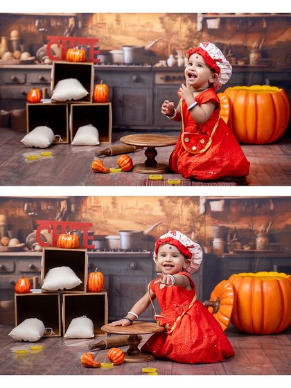 A collage of our little pumpkin chef. These shots show her laughing and pointing, fully engaged in the fun of our autumn kitchen-themed setup.