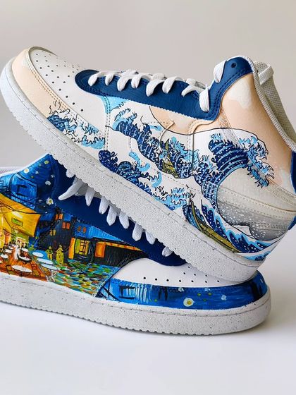 A stacked view of the "Café Terrace" and "Great Wave" custom sneakers. It's a mashup of Eastern and Western art history on your feet.