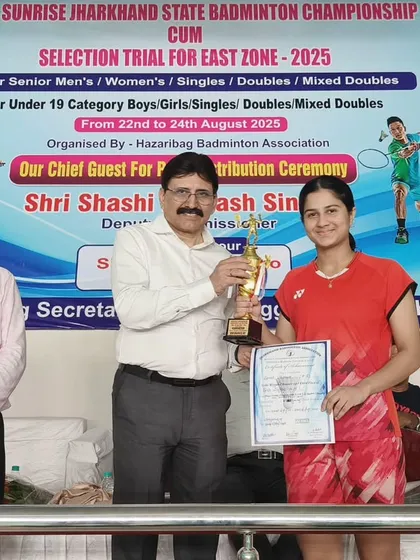 A proud moment for our academy as Sara receives her trophy at the Yonex Sunrise Jharkhand State Badminton Championship. This is the reward for countless hours of practice.