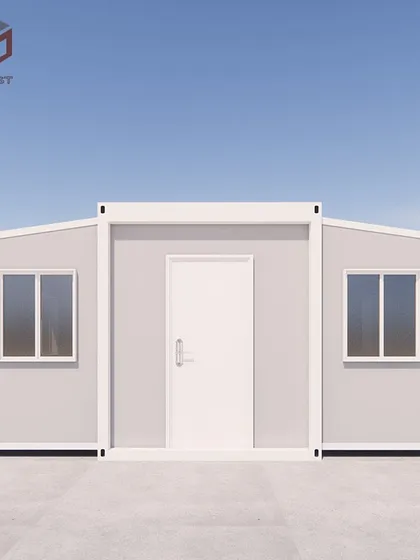 A front-on view of the expandable container house. The symmetrical design with a central door and flanking windows gives it a classic, welcoming appearance.