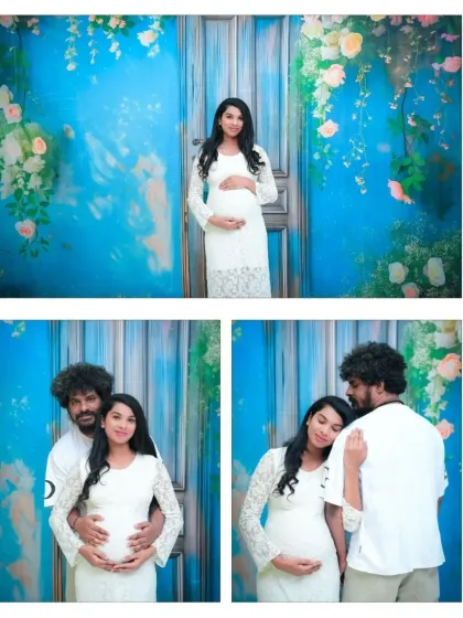 This collage showcases a variety of solo and couple's poses from a modern shoot. The coordinating white outfits and the vibrant blue background create a fresh, clean, and joyful set of images.