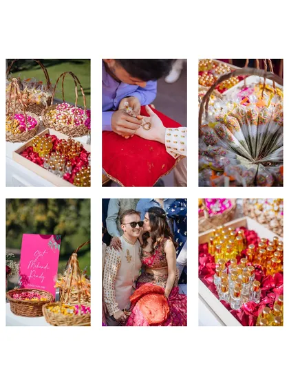 A collage of Mehendi details, from the henna application to the colorful decor and a sweet couple portrait.