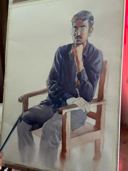 The completed three-quarter figure study in watercolour on full imperial paper.