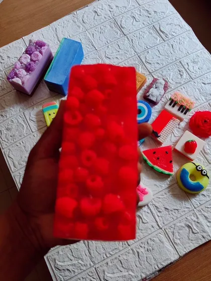 A full loaf of my raspberry-layered soap, ready to be cut into individual bars.