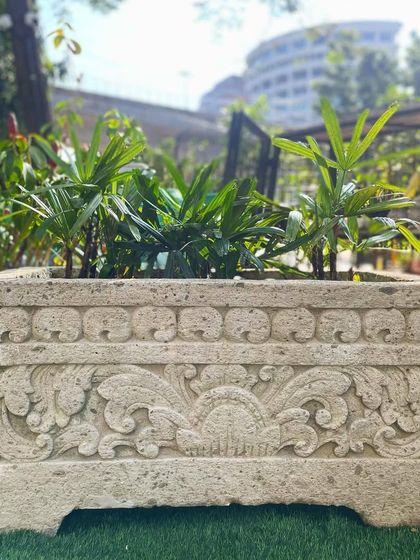 This rectangular Balinese bath, with its ornate carvings, can be repurposed as a unique and stunning trough planter for your garden.