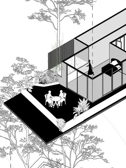 Axonometric drawings are a pivotal tool for us, bridging the gap between 2D plans and 3D reality. This black and white illustration of a villa on a sloping site clearly communicates the spatial arrangement, scale, and cantilevered forms.