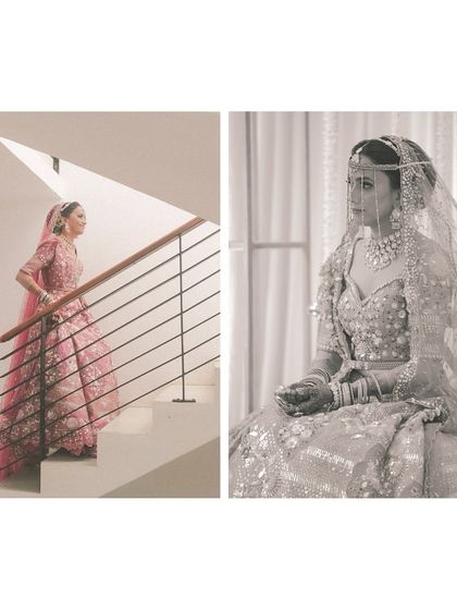 A candid moment from our Montreal bride's wedding day. Her soft pink lehenga, styled entirely through virtual consultations, looks breathtaking as she descends the stairs.
