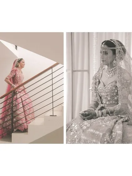 A candid moment from our Montreal bride's wedding day. Her soft pink lehenga, styled entirely through virtual consultations, looks breathtaking as she descends the stairs.