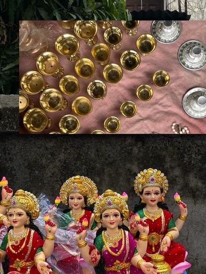 A market scene during a festival, with brass diyas and idols of goddesses ready for purchase.