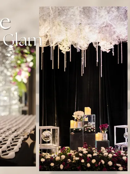 A close-up of the glam decor, featuring a ceiling installation of white feathers and hanging crystals, and elegant candle arrangements. Every detail contributes to the luxurious feel.