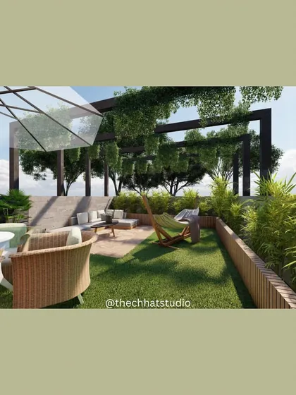 This terrace landscape design transforms an outdoor area into a functional and beautiful retreat. It includes a pergola for shade, comfortable lounge seating, and dedicated dining space, all surrounded by lush greenery to create a private oasis.
