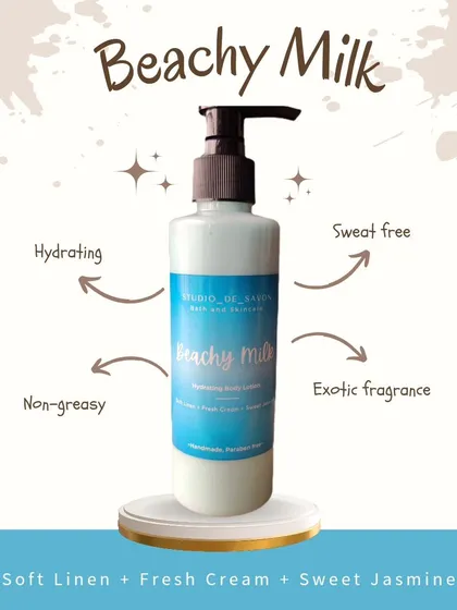 The Beachy Milk body lotion has a clean, fresh fragrance of soft linen, fresh cream, and sweet jasmine.